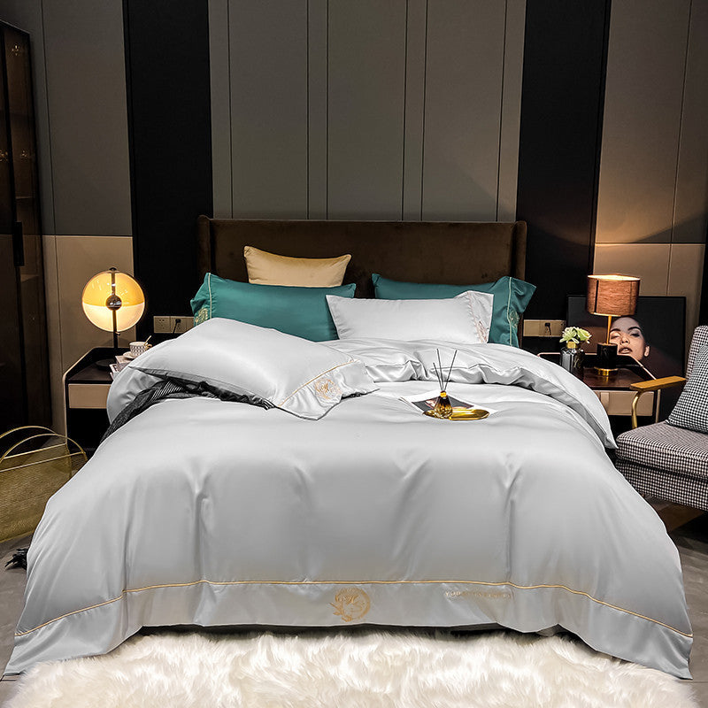 KTX-671955 Home Washed Silk 4-Piece Bedding Set in Solid Colors - Includes Quilt Cover, Bed Sheets, and Pillowcases