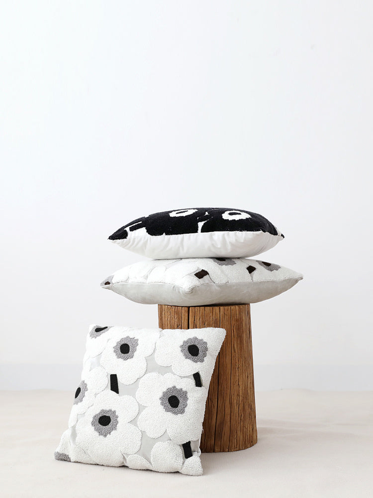 KTX-673427 Embroidery Flower Design Cushion Cover for Living Room - Black and White, 43x43cm