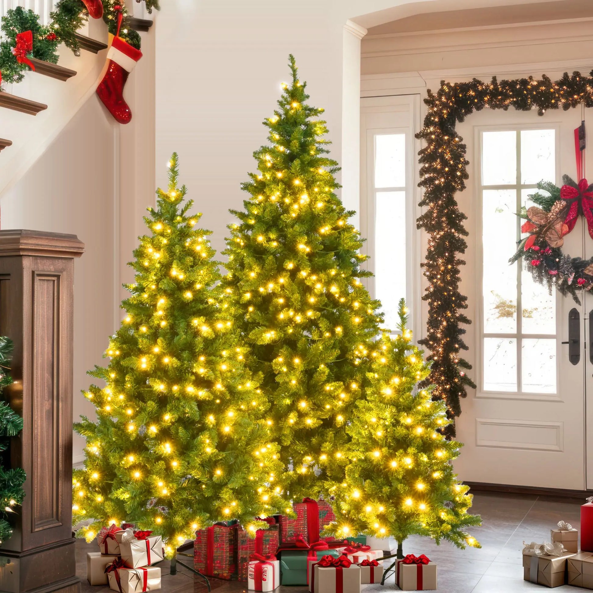 KTX-675027 Pre-Lit Hinged Christmas Tree Set - 8FT, 6FT, 4FT Pine Trees with 820 Warm Yellow LED Lights