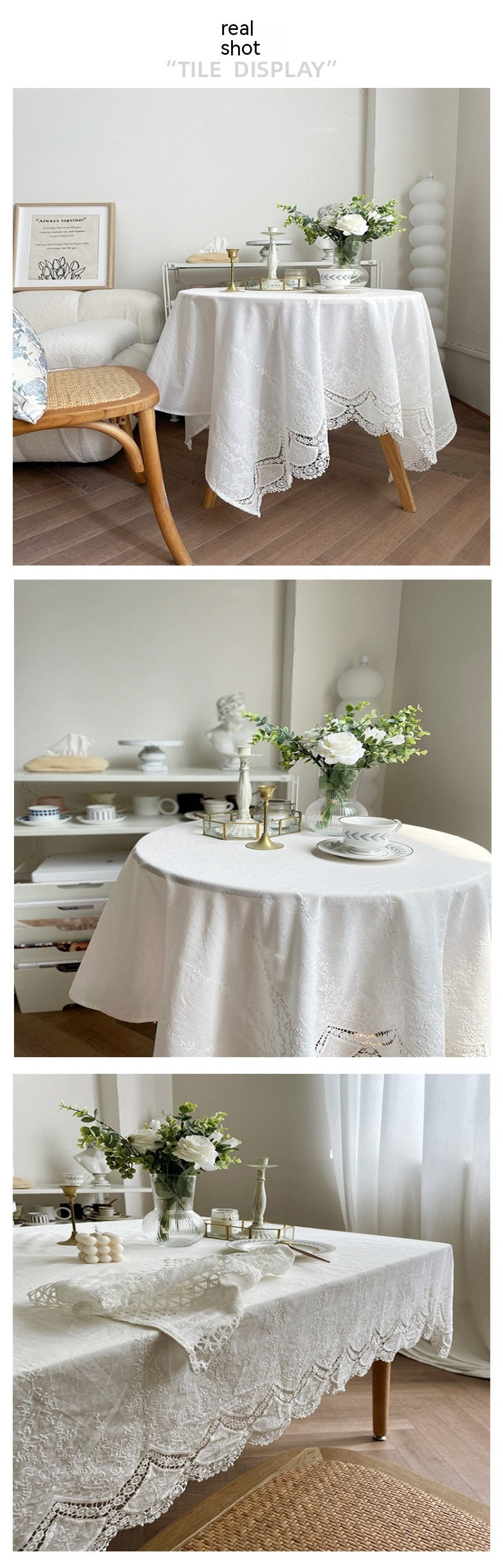 KTX-677139 French Pure Cotton Lace Tablecloth - Anemone Design, Rectangle Shapes Available