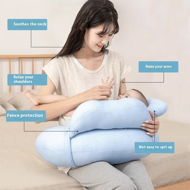 KTX-679827 Blue Bamboo Fiber Breastfeeding Pillow with Guardrail for Infants 1-3 Years