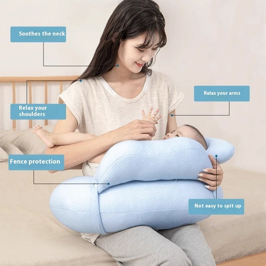 KTX-679827 Blue Bamboo Fiber Breastfeeding Pillow with Guardrail for Infants 1-3 Years