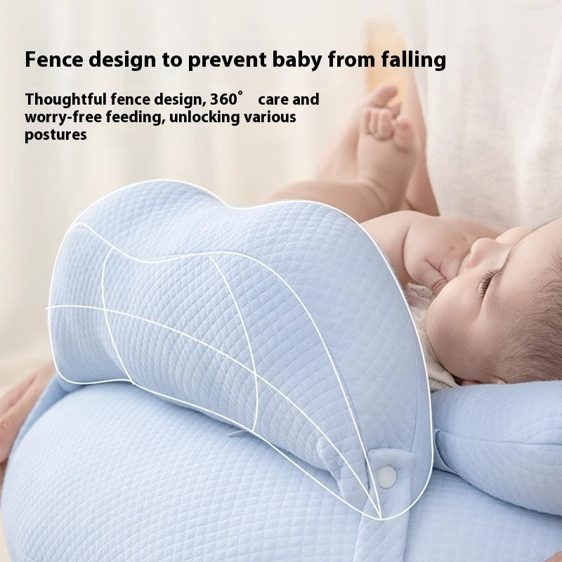 KTX-679827 Blue Bamboo Fiber Breastfeeding Pillow with Guardrail for Infants 1-3 Years