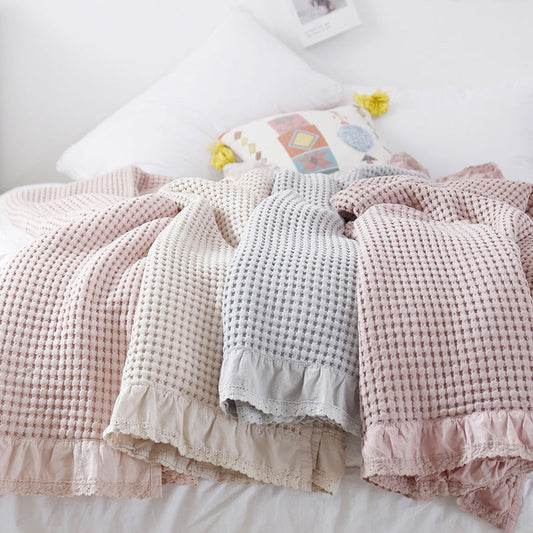 KTX-680339 Waffle Towel Quilt Blanket - Soft Cotton Sofa Throw in Pink, Dark Pink, Grey, Beige