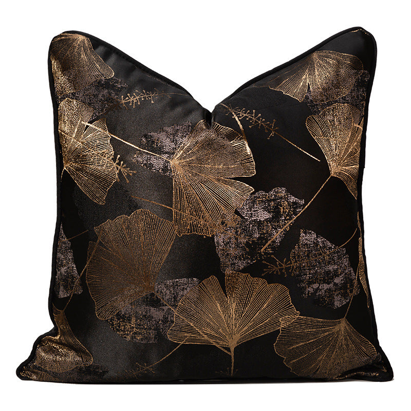 KTX-680851 Dark Black Ginkgo Leaf Jacquard Pillowcase - Modern Floral Cushion Cover for Living Room or Bedroom, 45x45cm