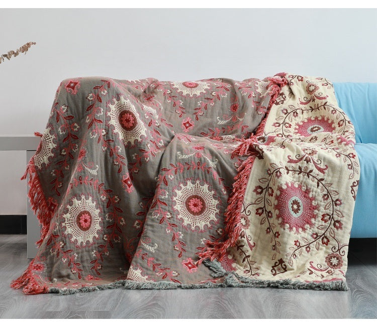 KTX-682131 Cotton Gauze Nordic Sofa Cover Towel - Modern Minimalist Design in Calendula Red and Green