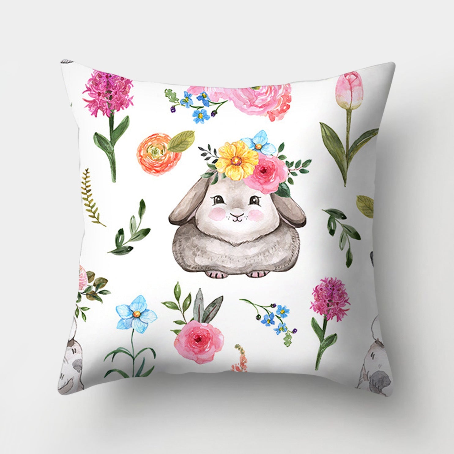 KTX-682131 Easter Bunny Watercolor Garland Pillow Cover in Peach Skin Fabric - 45x45 cm, Modern Style
