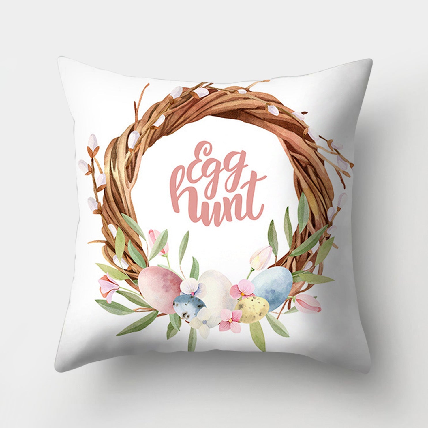 KTX-682131 Easter Bunny Watercolor Garland Pillow Cover in Peach Skin Fabric - 45x45 cm, Modern Style