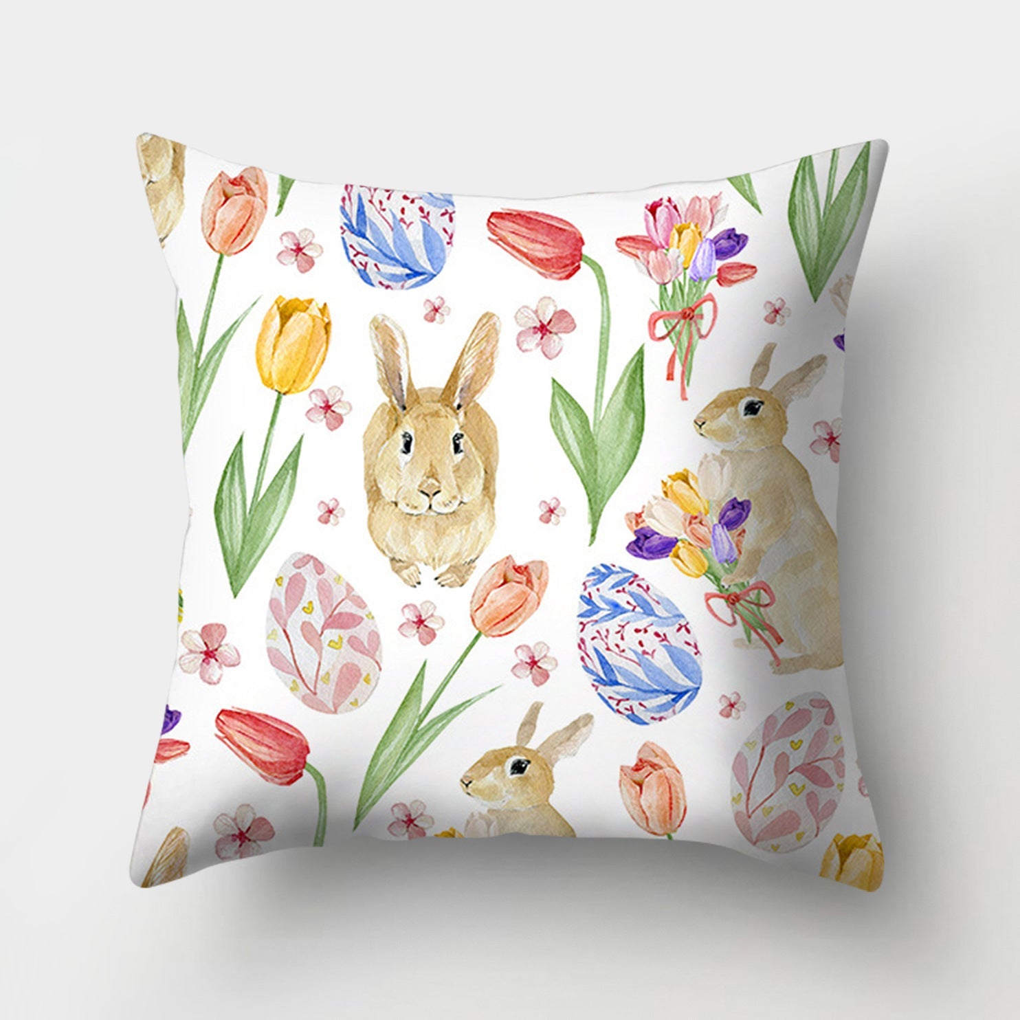 KTX-682131 Easter Bunny Watercolor Garland Pillow Cover in Peach Skin Fabric - 45x45 cm, Modern Style