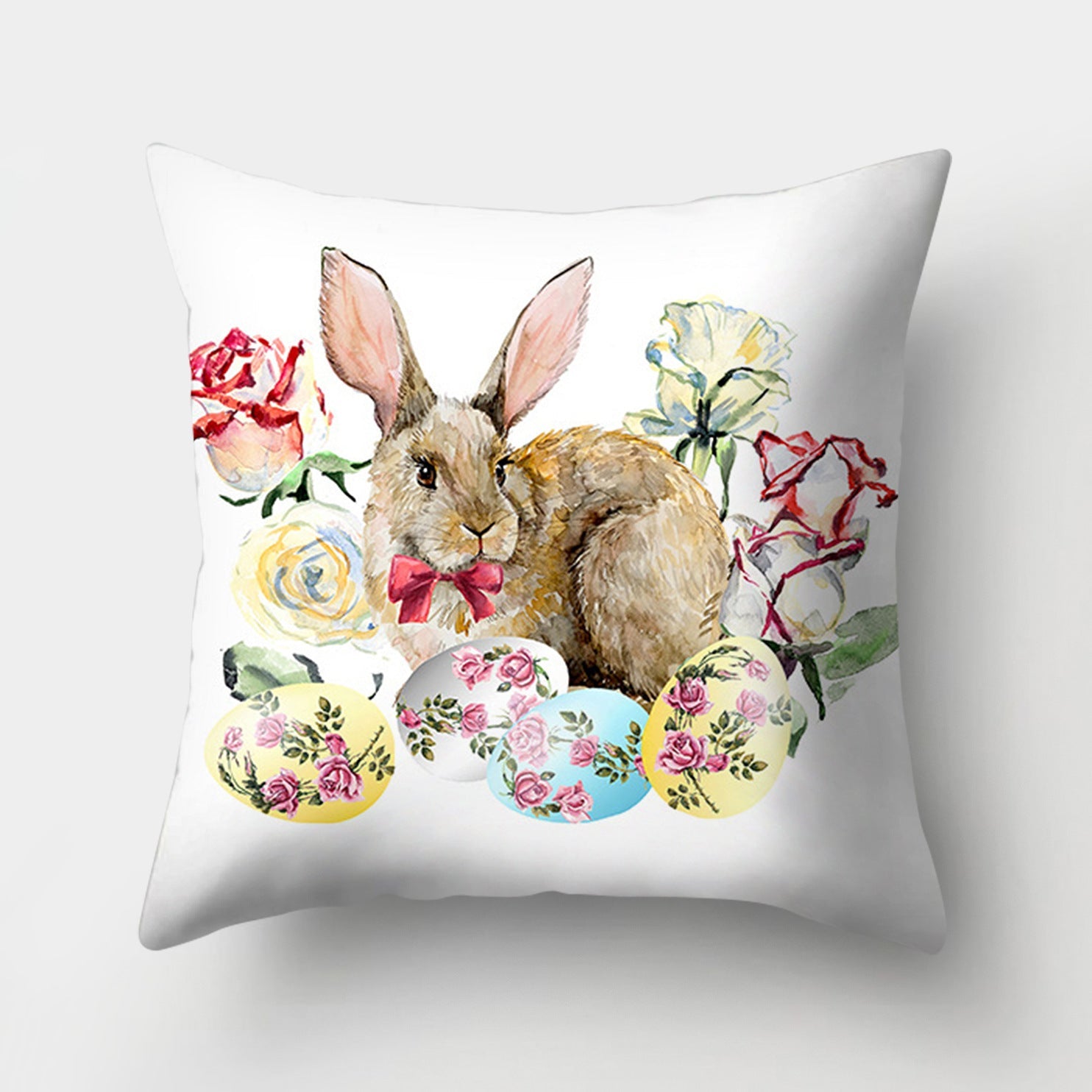 KTX-682131 Easter Bunny Watercolor Garland Pillow Cover in Peach Skin Fabric - 45x45 cm, Modern Style