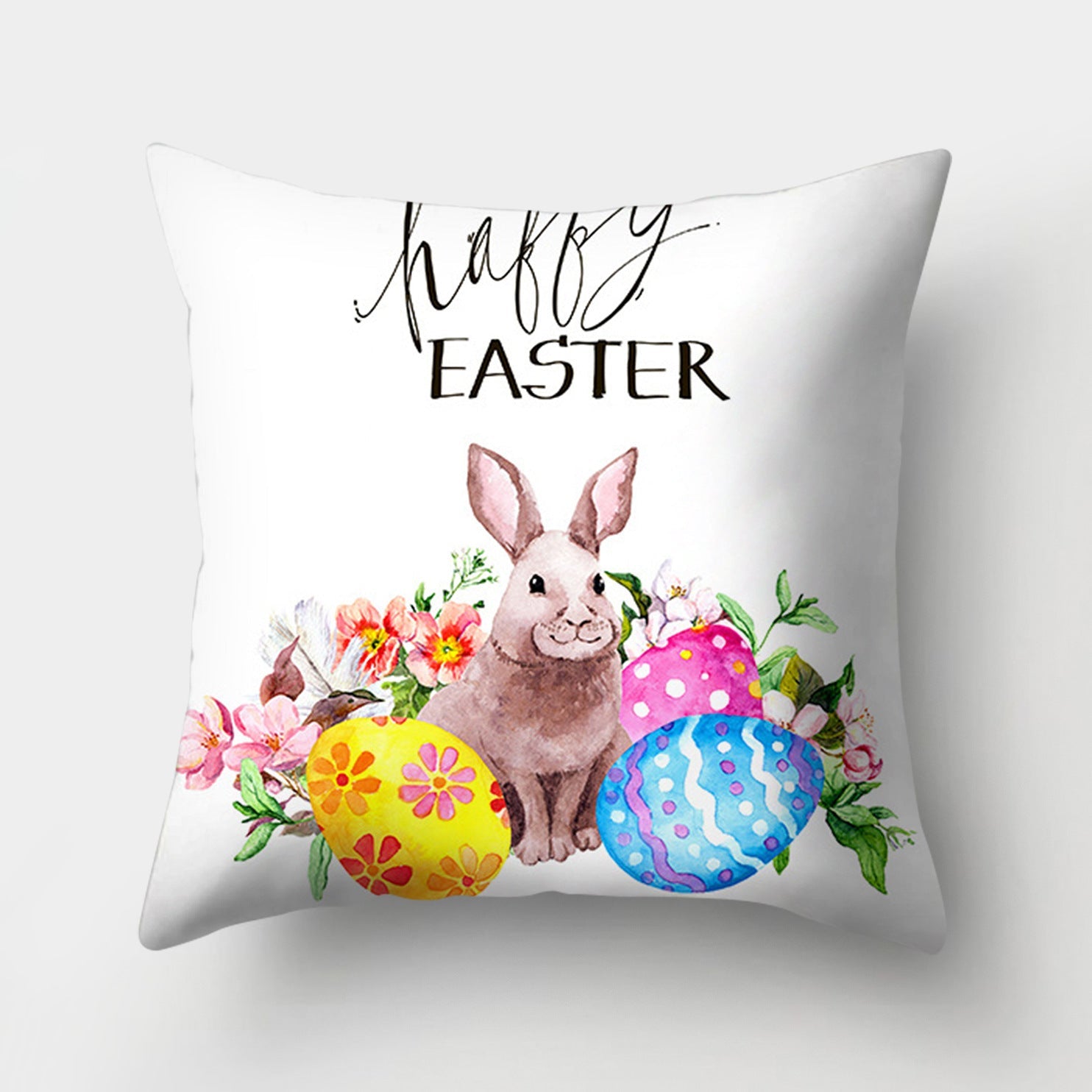 KTX-682131 Easter Bunny Watercolor Garland Pillow Cover in Peach Skin Fabric - 45x45 cm, Modern Style