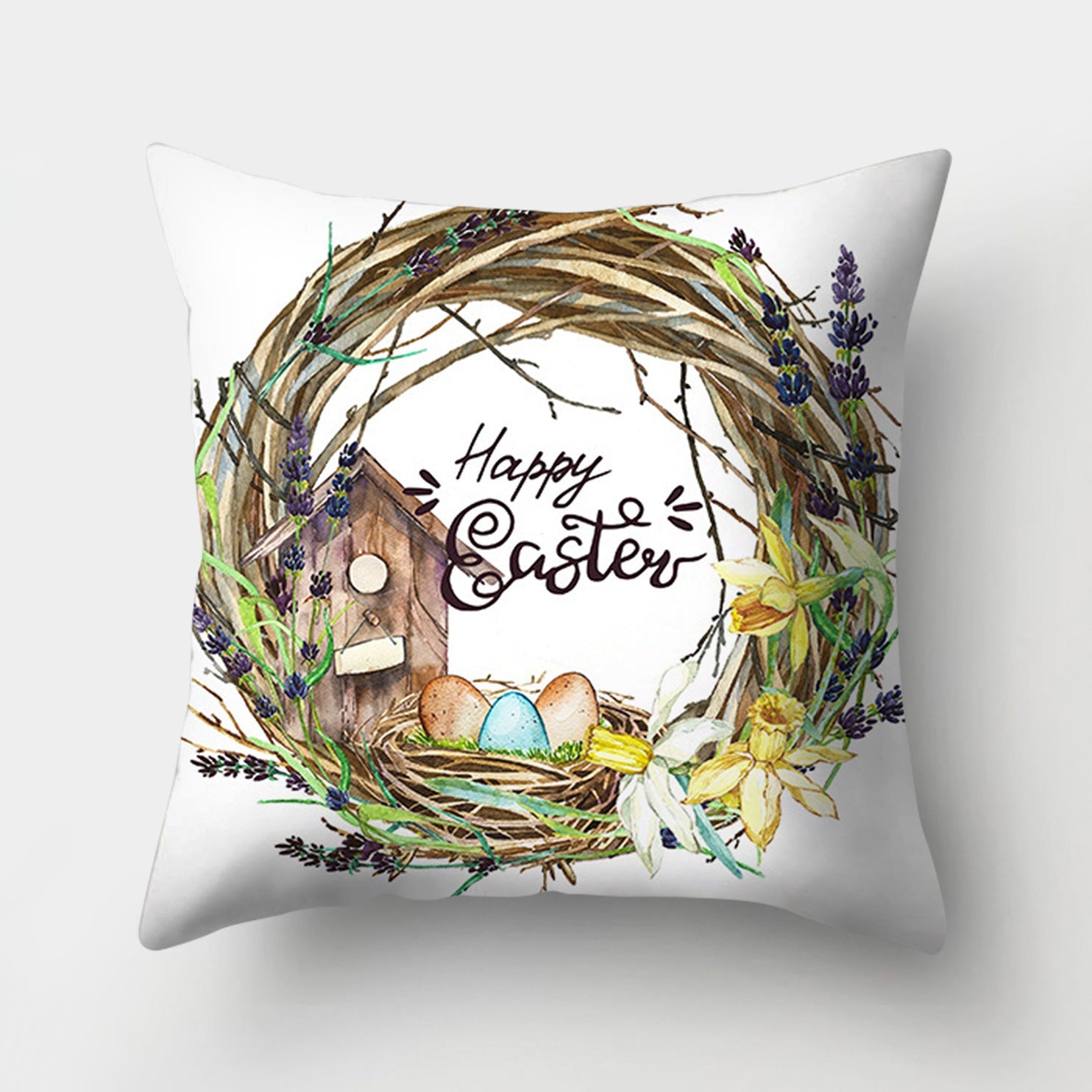 KTX-682131 Easter Bunny Watercolor Garland Pillow Cover in Peach Skin Fabric - 45x45 cm, Modern Style