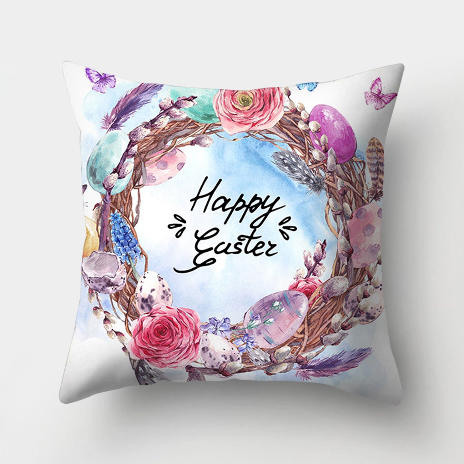 KTX-682131 Easter Bunny Watercolor Garland Pillow Cover in Peach Skin Fabric - 45x45 cm, Modern Style