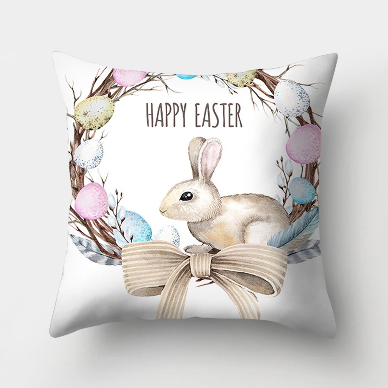 KTX-682131 Easter Bunny Watercolor Garland Pillow Cover in Peach Skin Fabric - 45x45 cm, Modern Style