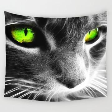KTX-683027 Green-Eyed Cat Polyester Tapestry - European Style Wall Art