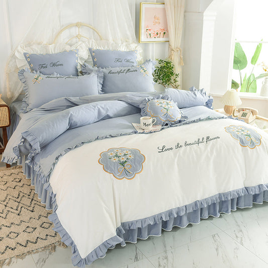 KTX-684435 Summer Ruffled Cotton Four-Piece Bedding Set with Heart Embroidery and Floral Quilt Cover