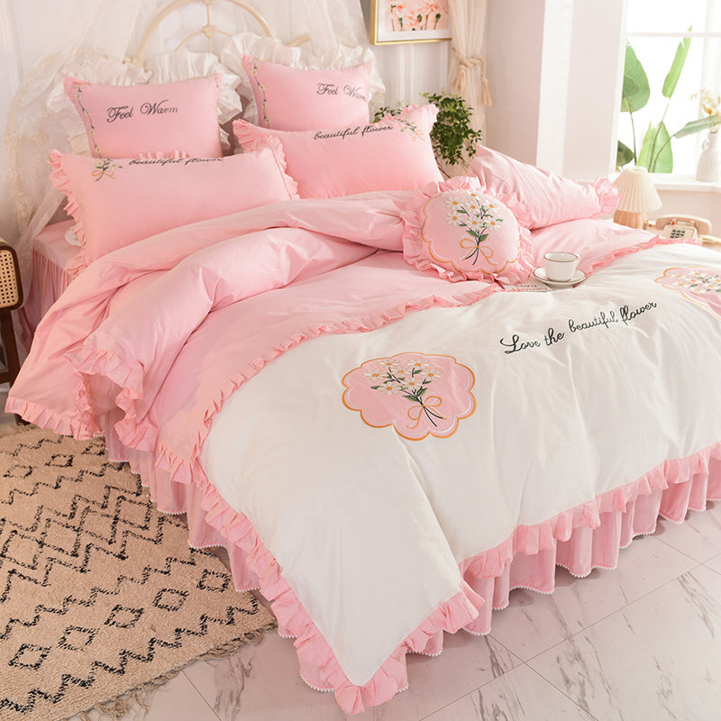 KTX-684435 Summer Ruffled Cotton Four-Piece Bedding Set with Heart Embroidery and Floral Quilt Cover