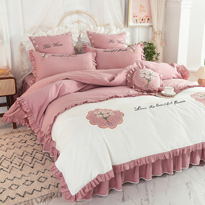 KTX-684435 Summer Ruffled Cotton Four-Piece Bedding Set with Heart Embroidery and Floral Quilt Cover