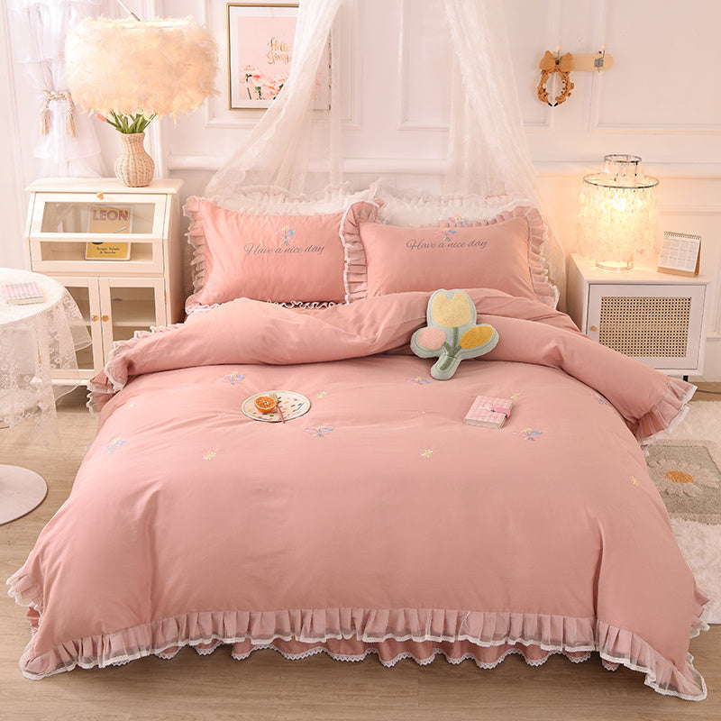 KTX-684435 Summer Ruffled Cotton Four-Piece Bedding Set with Heart Embroidery and Floral Quilt Cover