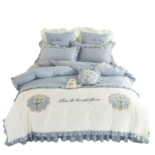 KTX-684435 Summer Ruffled Cotton Four-Piece Bedding Set with Heart Embroidery and Floral Quilt Cover