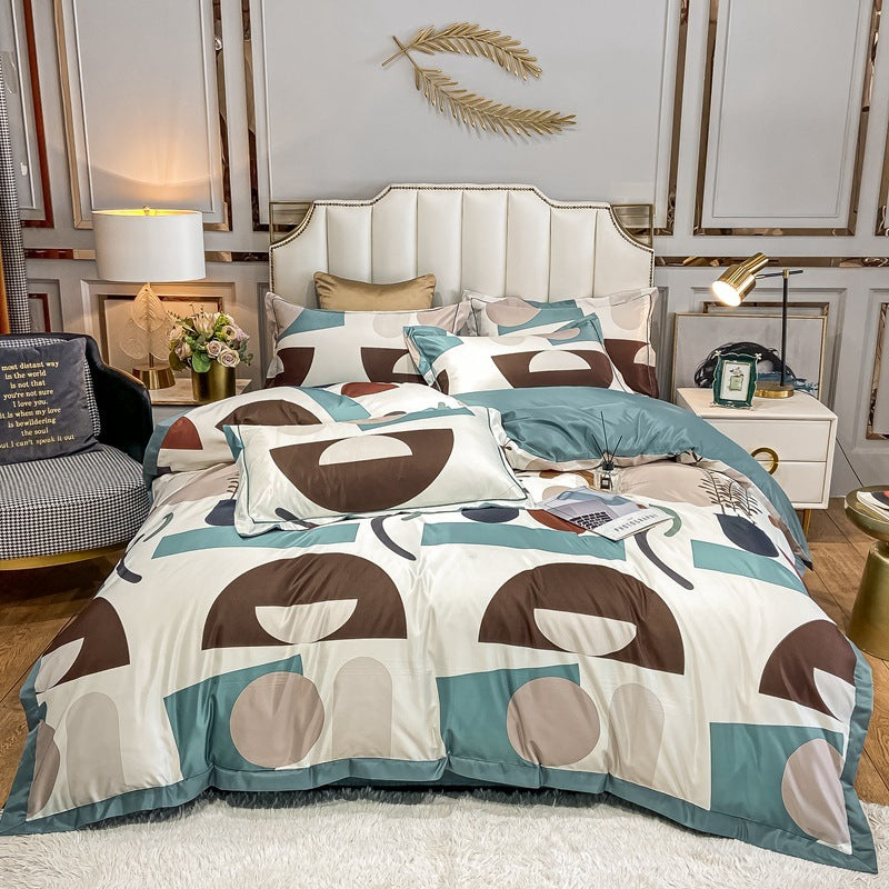 KTX-685779 Washed Silk Printed Four-Piece Bedding Set in Tencel Satin for Spring and Summer