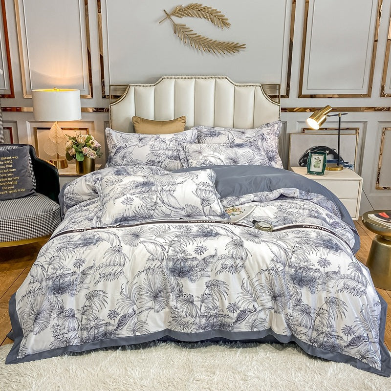 KTX-685779 Washed Silk Printed Four-Piece Bedding Set in Tencel Satin for Spring and Summer