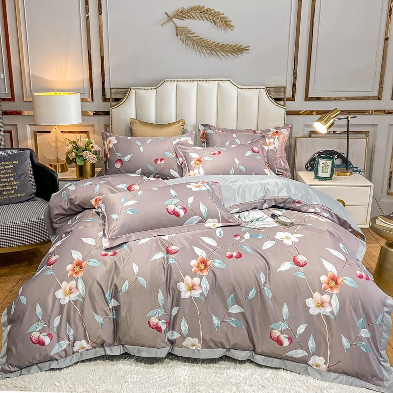 KTX-685779 Washed Silk Printed Four-Piece Bedding Set in Tencel Satin for Spring and Summer