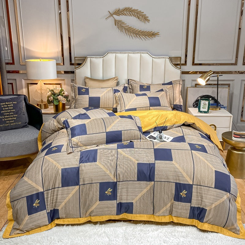 KTX-685779 Washed Silk Printed Four-Piece Bedding Set in Tencel Satin for Spring and Summer