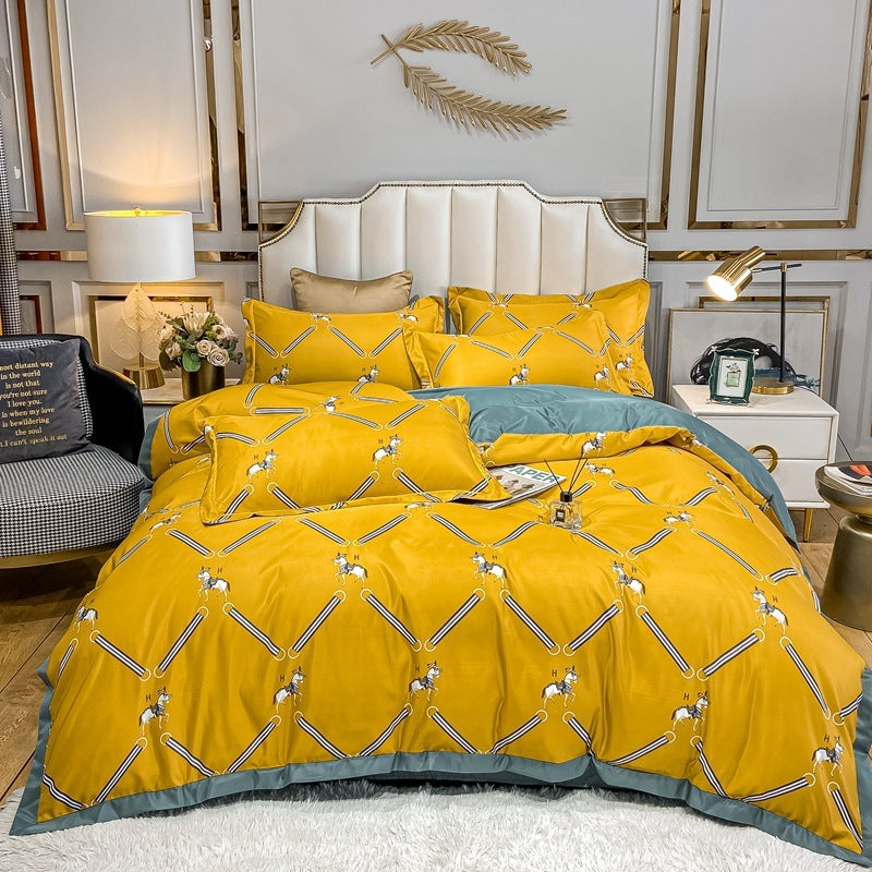 KTX-685779 Washed Silk Printed Four-Piece Bedding Set in Tencel Satin for Spring and Summer