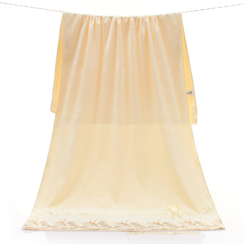 KTX-687507 Lace Edge Bath Towel Set in Microfiber - Yellow & Beige, 70x140 cm