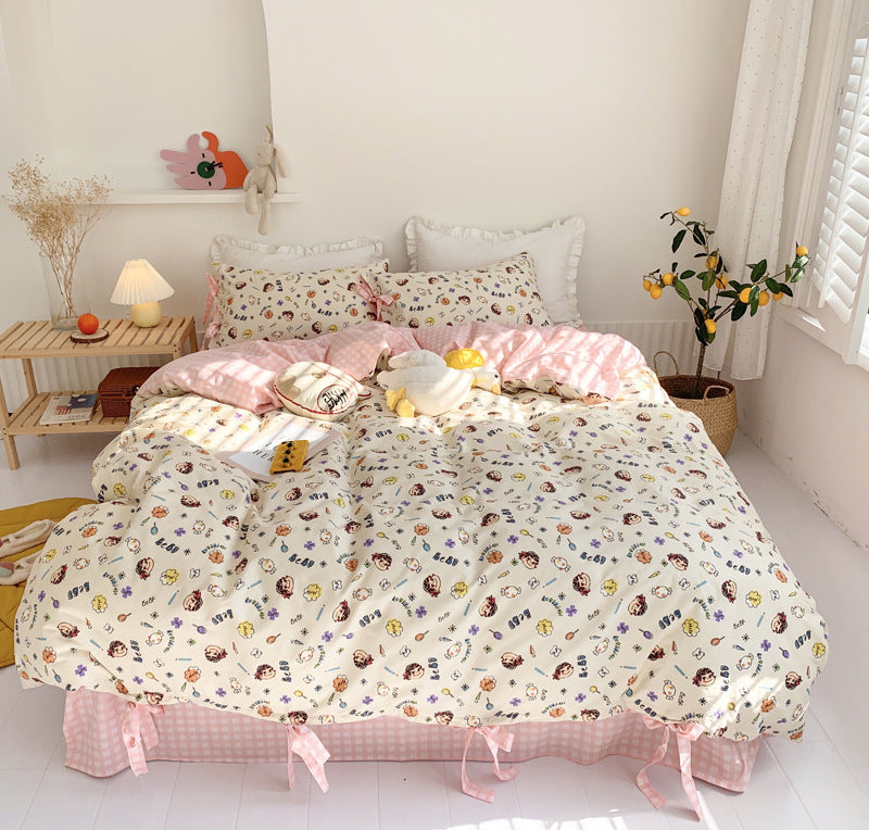KTX-690067 Small Floral Cotton Bedding Set - Four-Piece Pastoral Style for Twin, Full, or King Beds