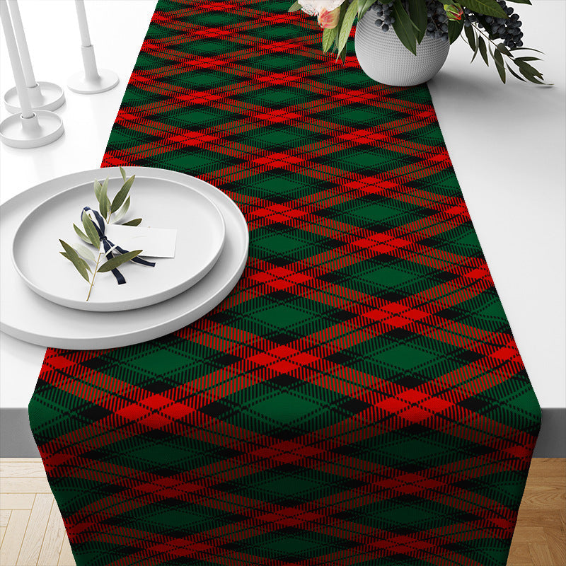 KTX-693331 Linen Insulated Christmas Table Runner with Striped and Plaid Patterns, 33x183CM