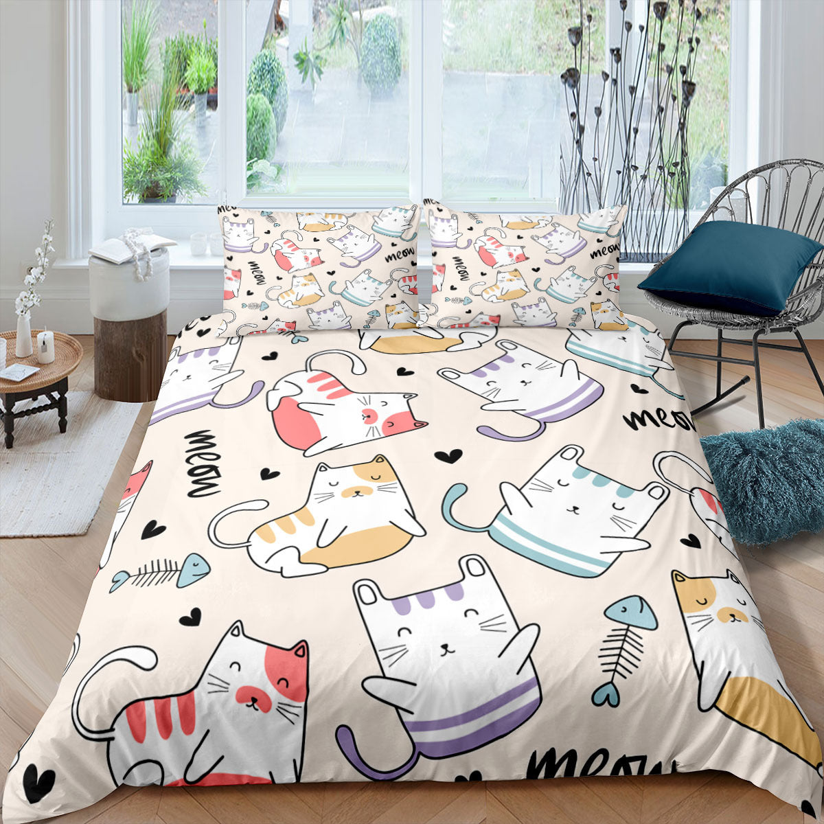 KTX-693843 3D Cartoon Cat Duvet Cover Set - High-Definition Digital Print Bedding, 3-Piece Polyester Collection