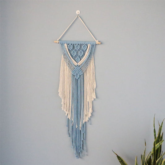 KTX-694611 Hand-Woven Cotton Rope Tapestry with Tassel Ornaments - Modern Blue and White Wall Decoration (38x114CM)