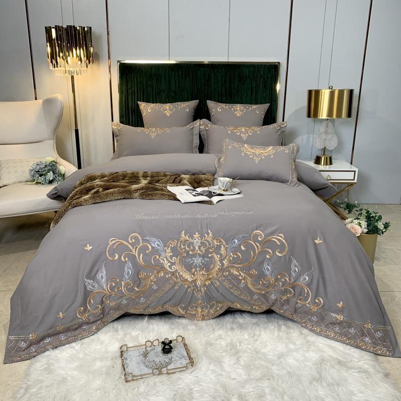 KTX-694995 Luxury Four-Piece Cotton Bed Linen Set with Silk Embroidery, Available in Multiple Sizes