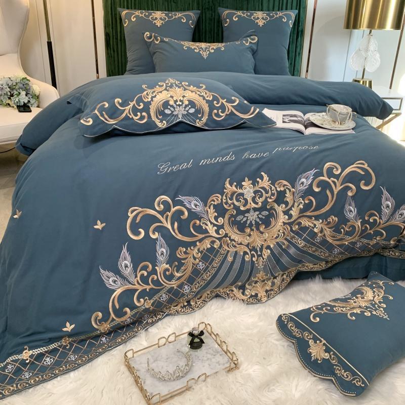 KTX-694995 Luxury Four-Piece Cotton Bed Linen Set with Silk Embroidery, Available in Multiple Sizes