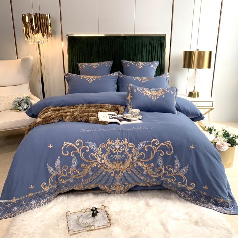 KTX-694995 Luxury Four-Piece Cotton Bed Linen Set with Silk Embroidery, Available in Multiple Sizes