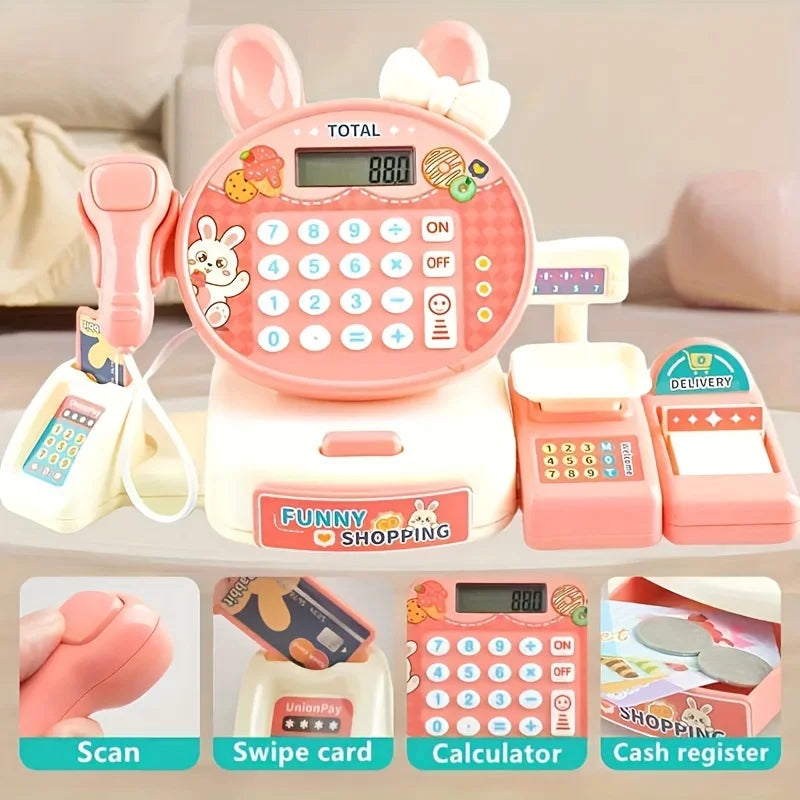 KTX-695507 Kids Electronic Cash Register Toy Set - Pink Supermarket Shopping Playset for Ages 2 to 13