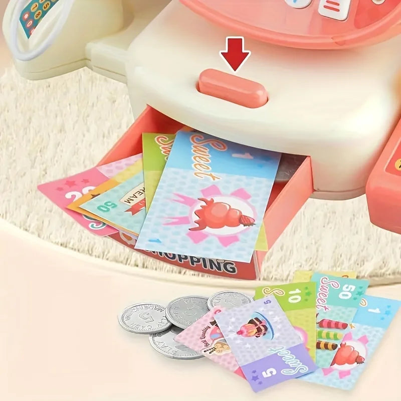 KTX-695507 Kids Electronic Cash Register Toy Set - Pink Supermarket Shopping Playset for Ages 2 to 13