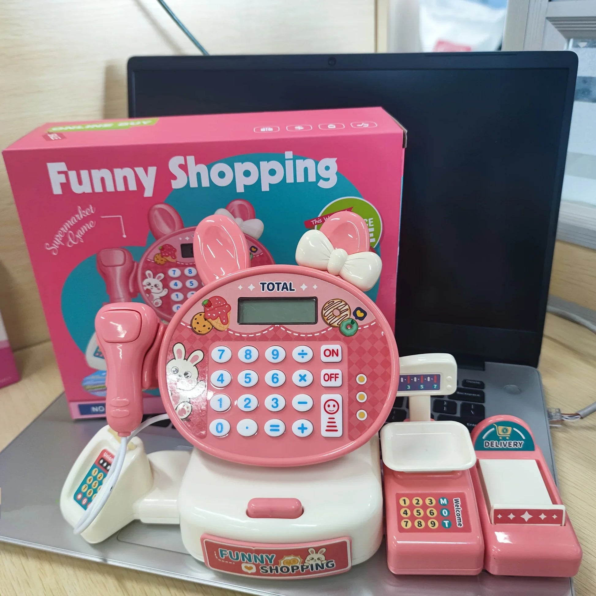 KTX-695507 Kids Electronic Cash Register Toy Set - Pink Supermarket Shopping Playset for Ages 2 to 13