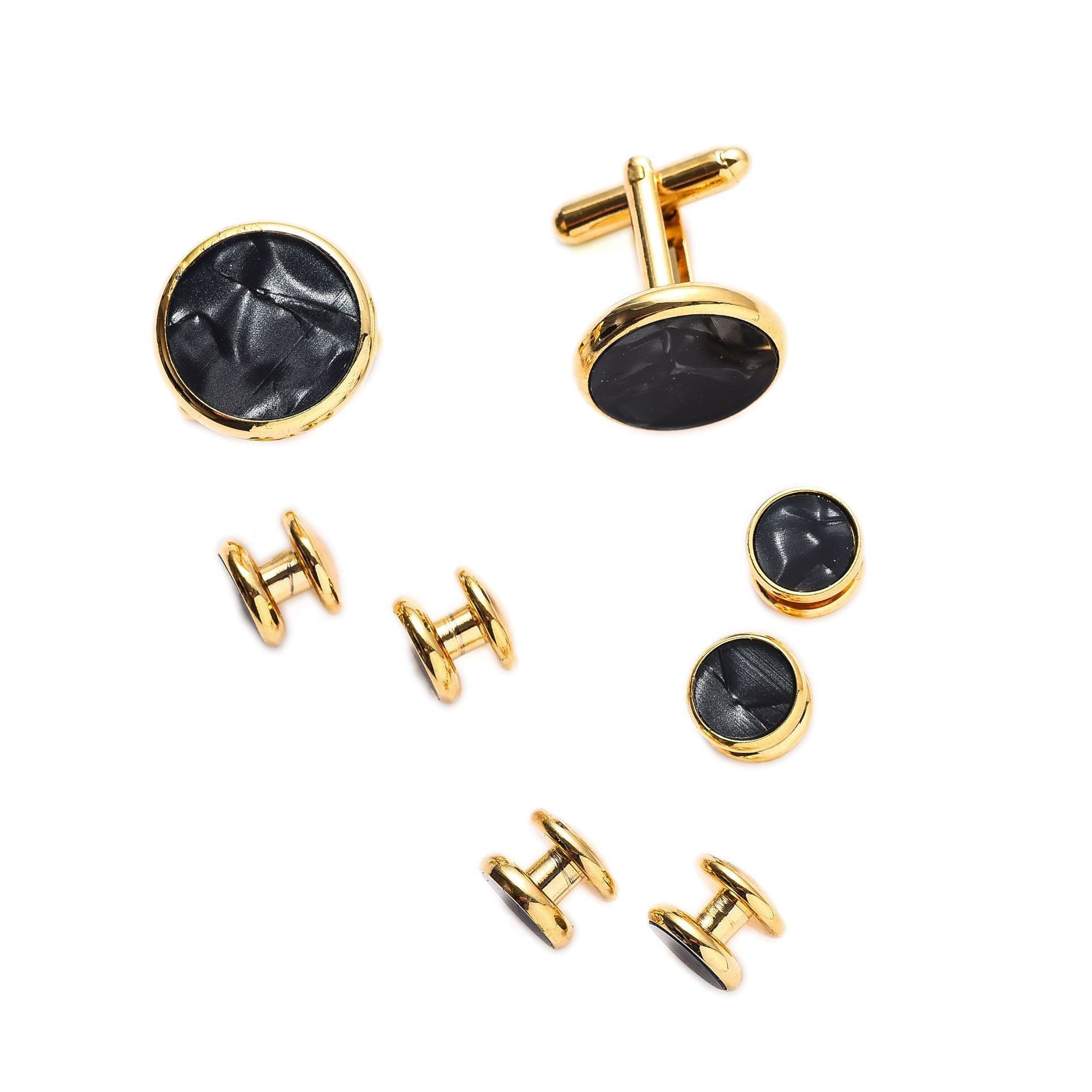 KTX-695507 Men's 8-Piece Cufflinks Set with Round Drip Shell Designs in White, Blue, Black, and Gold-Plated Finishes
