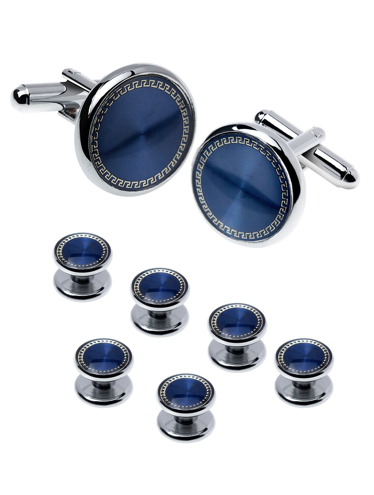 KTX-695507 Men's 8-Piece Cufflinks Set with Round Drip Shell Designs in White, Blue, Black, and Gold-Plated Finishes