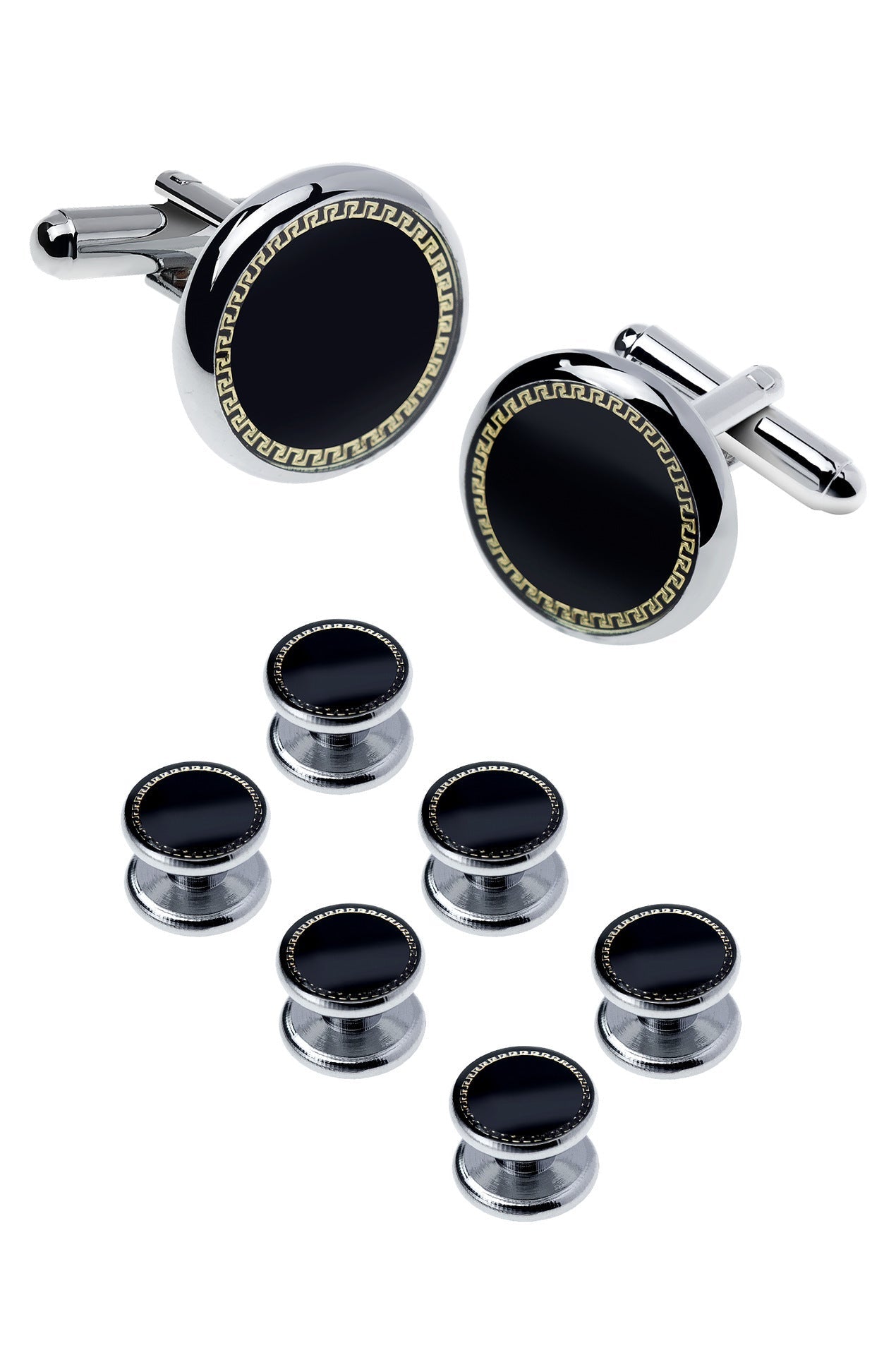 KTX-695507 Men's 8-Piece Cufflinks Set with Round Drip Shell Designs in White, Blue, Black, and Gold-Plated Finishes