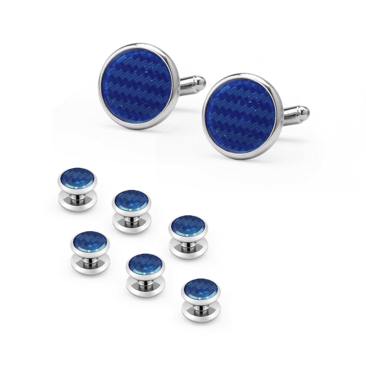KTX-695507 Men's 8-Piece Cufflinks Set with Round Drip Shell Designs in White, Blue, Black, and Gold-Plated Finishes
