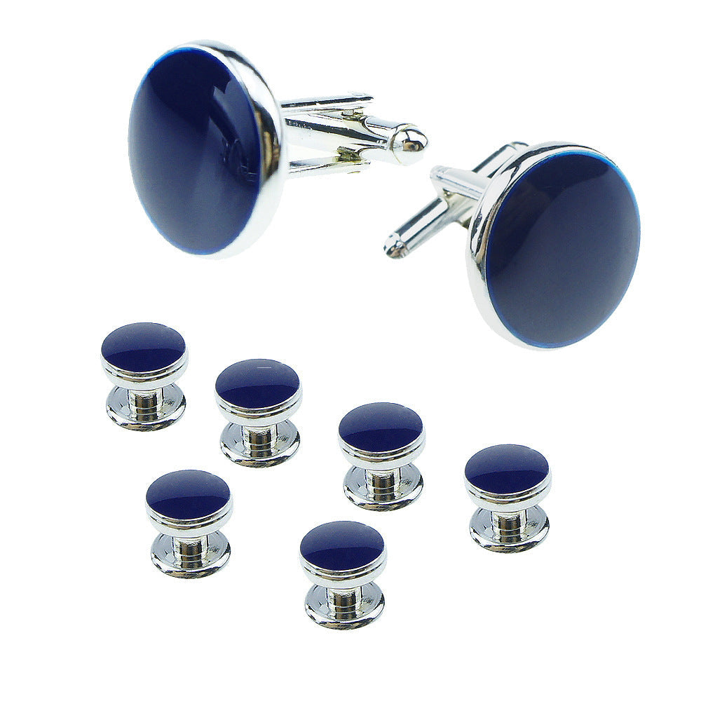 KTX-695507 Men's 8-Piece Cufflinks Set with Round Drip Shell Designs in White, Blue, Black, and Gold-Plated Finishes