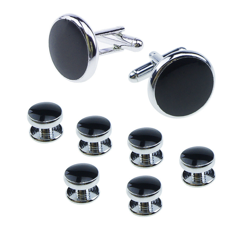 KTX-695507 Men's 8-Piece Cufflinks Set with Round Drip Shell Designs in White, Blue, Black, and Gold-Plated Finishes