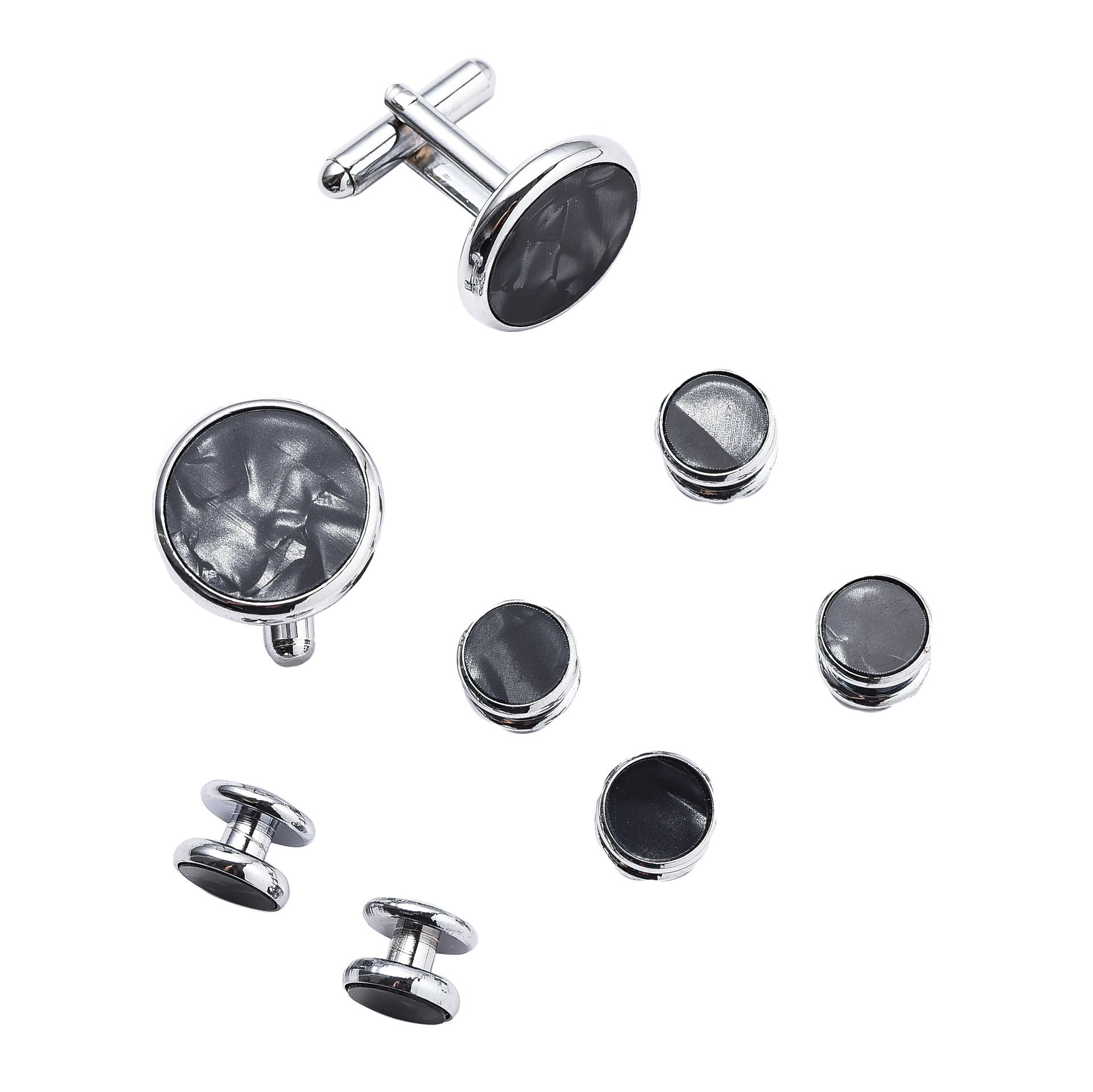 KTX-695507 Men's 8-Piece Cufflinks Set with Round Drip Shell Designs in White, Blue, Black, and Gold-Plated Finishes
