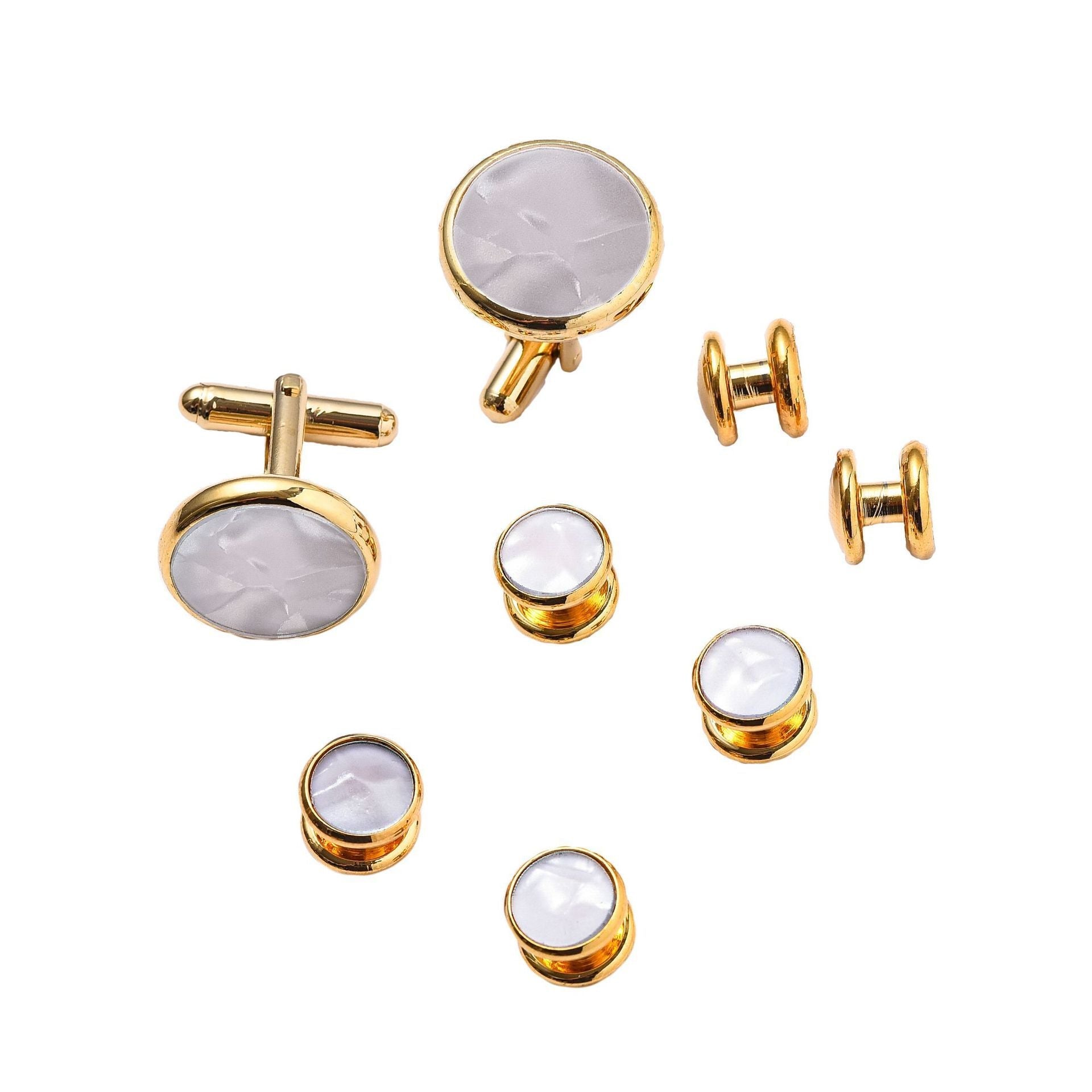 KTX-695507 Men's 8-Piece Cufflinks Set with Round Drip Shell Designs in White, Blue, Black, and Gold-Plated Finishes