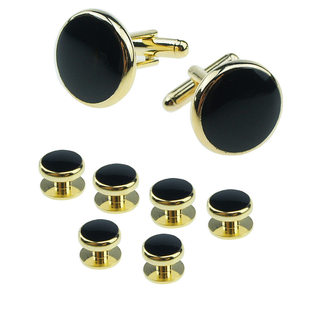 KTX-695507 Men's 8-Piece Cufflinks Set with Round Drip Shell Designs in White, Blue, Black, and Gold-Plated Finishes