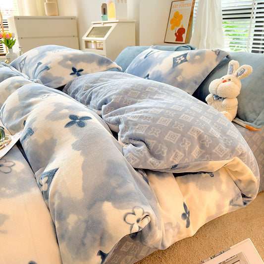 KTX-696147 Milk Velvet Nordic Style Duvet Cover Flannel Bed Sheet Set with Geometric Patterns - Three-piece Collection